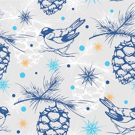 pine cone pattern - Vector seamless pattern with birds and pine branch Foto de stock - Super Valor sin royalties y Suscripción, Código: 400-07218585