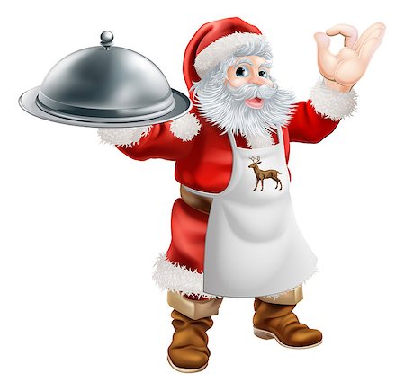 simsearch:400-07224182,k - Cartoon Santa Claus cooking Christmas dinner food, with Santa in an apron holding a silver platter and doing a perfect gesture Stockbilder - Microstock & Abonnement, Bildnummer: 400-07218599