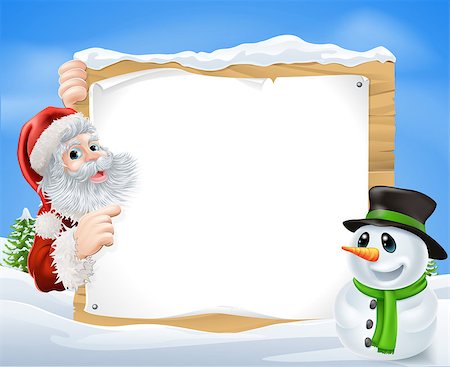 simsearch:400-06099858,k - Santa and cartoon Snowman Snow Scene with Santa and a cartoon snowman in a winter scene framing a wooden sign Stock Photo - Budget Royalty-Free & Subscription, Code: 400-07218600