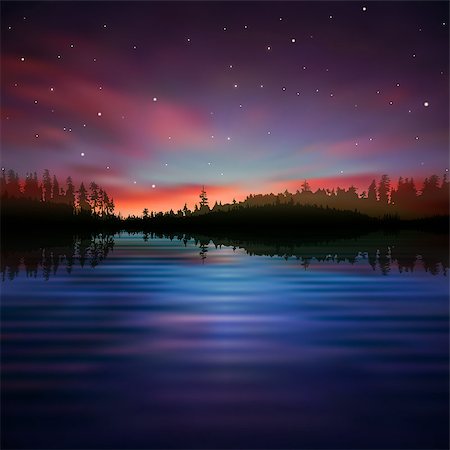 simsearch:400-07924233,k - abstract night nature background with lake forest and sunrise Fotografie stock - Microstock e Abbonamento, Codice: 400-07218827