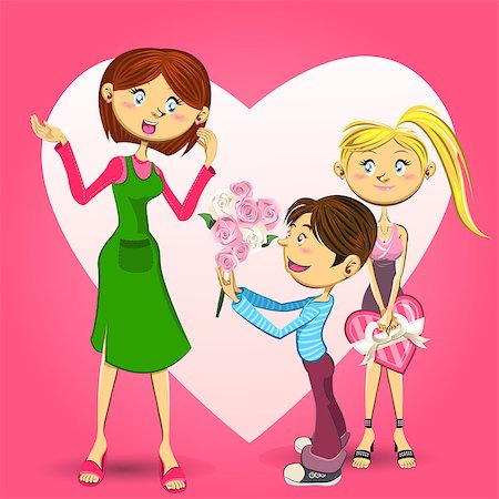 Illustration of Teenage Girl Holding a Gift and Little Boy Giving a Bucket of Flowers to Their Mother, Celebrating Mothers Day. Foto de stock - Super Valor sin royalties y Suscripción, Código: 400-07219325