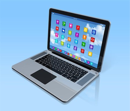 simsearch:400-07223131,k - 3D Laptop Computer - apps icons interface - isolated with clipping path Photographie de stock - Aubaine LD & Abonnement, Code: 400-07219445