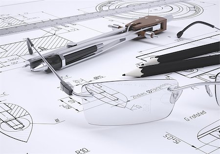 drafting tool - Glasses, ruler, compass and pencils lie on the drawing. 3d render Stock Photo - Budget Royalty-Free & Subscription, Code: 400-07210048