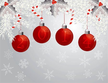 simsearch:400-07218423,k - Happy New Year Christmas Garland with 2014 Red Ornaments Silver Holly Berries Leaves and Candy Cane Illustration Stockbilder - Microstock & Abonnement, Bildnummer: 400-07212407