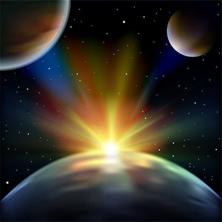 abstract space illustration with earth planets and sunrise Stockbilder - Microstock & Abonnement, Bildnummer: 400-07212529