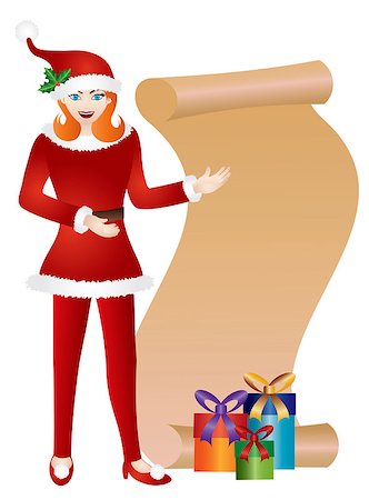 simsearch:400-07218254,k - Girl in Red Santa Suit Standing with Scroll List and Presents Isolated on White Background Illustration Stock Photo - Budget Royalty-Free & Subscription, Code: 400-07213075
