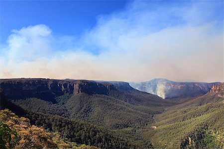 One of several fires burning in the Blue Mountains, west of Sydney.  Grose Valley, Wold Heritage area, looking north up Govettâ??s Gorge.  (October 2013) Stock Photo - Budget Royalty-Free & Subscription, Code: 400-07213167