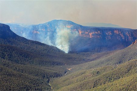 A bushfire burns in the Grose Valley near Blackheath in the Blue Mountains, Australia. Rugged and difficult terrain with only a few access points has hampered its extinguishment. Has so far burned 496ha and has a 66km fire edge. Orange smoke has drifted hundreds of klms  (October 2013) Photographie de stock - Aubaine LD & Abonnement, Code: 400-07213168