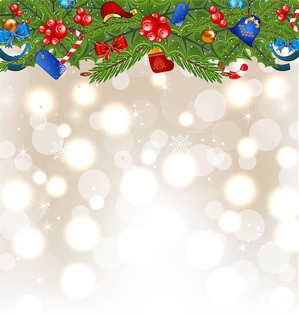 simsearch:400-08113383,k - Illustration Christmas glowing background with holiday decoration - vector Stock Photo - Budget Royalty-Free & Subscription, Code: 400-07213360