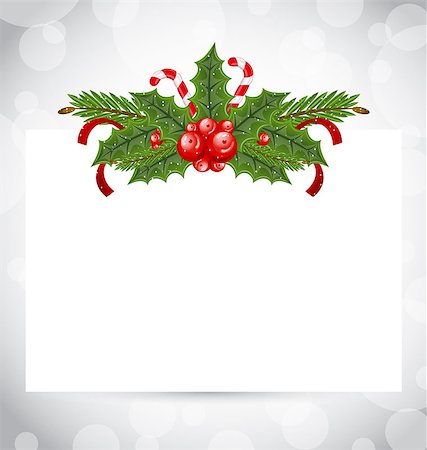 simsearch:400-08113383,k - Illustration Christmas elegant card with holiday decoration (holly berry, pine, sweet cane) - vector Stock Photo - Budget Royalty-Free & Subscription, Code: 400-07213372