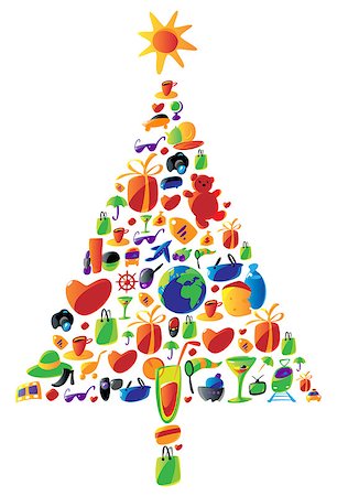 Christmas tree with gifts made of icons for shopping, travel and leisure, food and drinks. Vector illustration. Stock Photo - Budget Royalty-Free & Subscription, Code: 400-07213456