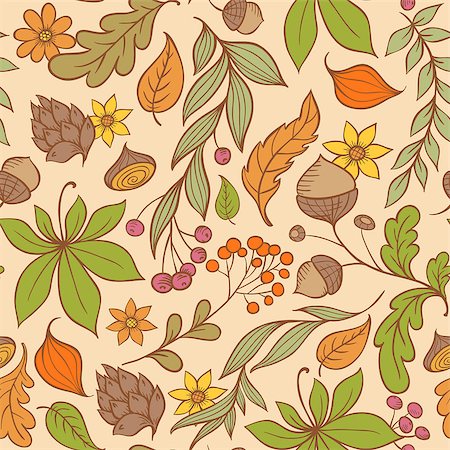 Vector autumn seamless pattern with leaves and flowers Stock Photo - Budget Royalty-Free & Subscription, Code: 400-07213693