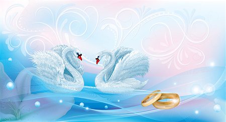 dracozlat (artist) - Wedding card. Wedding swans on a blue pink patterned background with wedding rings. Stockbilder - Microstock & Abonnement, Bildnummer: 400-07213705