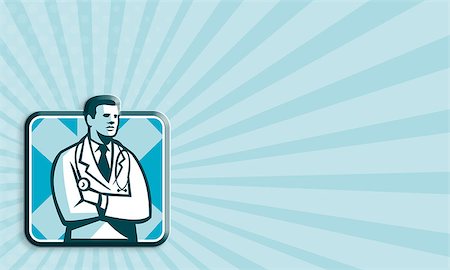 stethoscopes art - Business card template showing illustration of a male medical doctor with stethoscope standing facing side set inside square done in retro style. Stock Photo - Budget Royalty-Free & Subscription, Code: 400-07224009