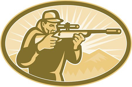 simsearch:400-04639891,k - Illustration of a hunter aiming telescopic rifle with sunburst and mountains in background done in retro style. Stock Photo - Budget Royalty-Free & Subscription, Code: 400-07224071