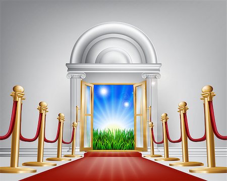 A red carpet grand luxury entrance door leading into a perfect idyllic green field landscape with sunrise. Represents a fresh start or future happiness, new opportunities or similar concepts. Stock Photo - Budget Royalty-Free & Subscription, Code: 400-07224129