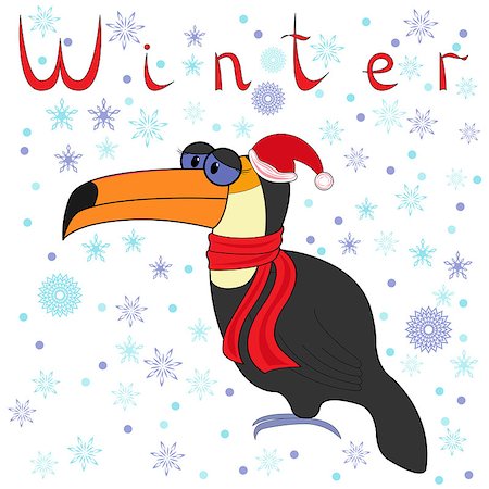simsearch:400-07223723,k - Why Toucan is so cold in winter? Cheerful Toucan in a cap of Santa and in a scarf on neck on the background of a winter motif. Hand drawing cartoon vector illustration Stock Photo - Budget Royalty-Free & Subscription, Code: 400-07224133