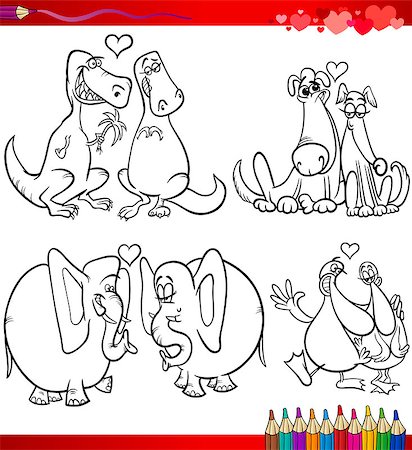 simsearch:400-06523060,k - Valentines Day and Love Themes Collection Set of Black and White Cartoon Illustrations with Animals Couples for Coloring Book Stock Photo - Budget Royalty-Free & Subscription, Code: 400-07224189