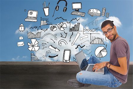 simsearch:700-06368079,k - Composite image of man wearing glasses sitting on floor using laptop and looking at camera Stock Photo - Budget Royalty-Free & Subscription, Code: 400-07224628