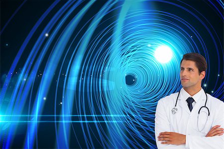 simsearch:400-07345820,k - Composite image of confident doctor with arms crossed looking up Stock Photo - Budget Royalty-Free & Subscription, Code: 400-07224960