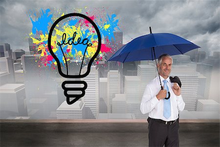 simsearch:400-07188422,k - Composite image of happy mature businessman holding umbrella Foto de stock - Super Valor sin royalties y Suscripción, Código: 400-07225433