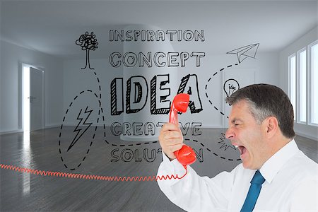 Composite image of businessman screaming directly into the red telephone handset Stock Photo - Budget Royalty-Free & Subscription, Code: 400-07225468
