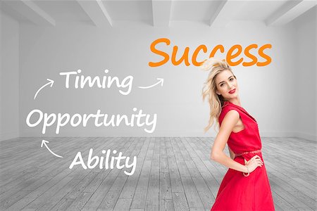 perfect timing - Composite image of happy blonde posing in red dress Stock Photo - Budget Royalty-Free & Subscription, Code: 400-07225460