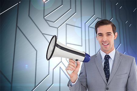 simsearch:400-07225597,k - Composite image of smiling businessman holding a megaphone Stock Photo - Budget Royalty-Free & Subscription, Code: 400-07225490