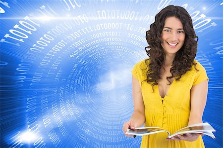 simsearch:400-07189587,k - Composite image of cheerful curly haired brunette reading magazine Stockbilder - Microstock & Abonnement, Bildnummer: 400-07225807