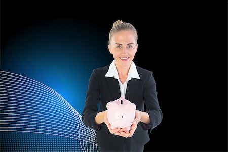 simsearch:400-07224720,k - Composite image of blonde businesswoman holding pink piggy bank Stock Photo - Budget Royalty-Free & Subscription, Code: 400-07226285