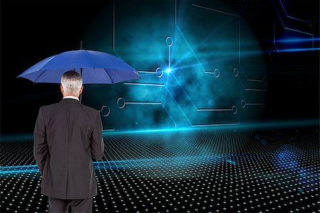 simsearch:400-07225597,k - Composite image of mature businessman holding umbrella Stock Photo - Budget Royalty-Free & Subscription, Code: 400-07226526