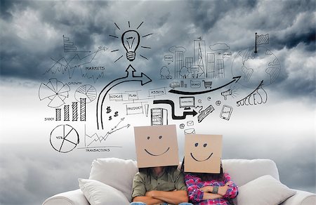 Composite image of silly employees with arms folded wearing boxes on their heads with smiley faces on a couch Stock Photo - Budget Royalty-Free & Subscription, Code: 400-07226907