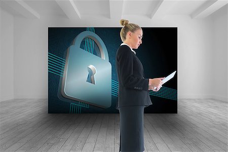 security screens - Composite image of blonde businesswoman holding new tablet Foto de stock - Super Valor sin royalties y Suscripción, Código: 400-07226995