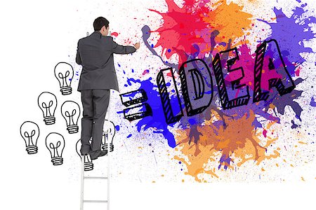 paintings of light bulbs - Composite image of businessman standing on ladder writing Stock Photo - Budget Royalty-Free & Subscription, Code: 400-07227244