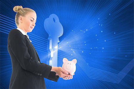 simsearch:400-07226299,k - Composite image of blonde businesswoman holding piggy bank Stock Photo - Budget Royalty-Free & Subscription, Code: 400-07227262