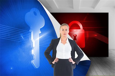 security screens - Composite image of blonde businesswoman standing with hands on hips Foto de stock - Super Valor sin royalties y Suscripción, Código: 400-07227350