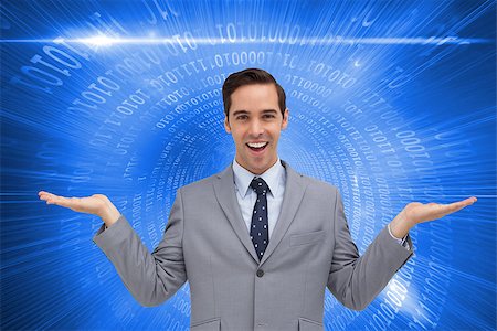 simsearch:400-07224720,k - Composite image of smiling businessman presenting something with his hands Stock Photo - Budget Royalty-Free & Subscription, Code: 400-07227484