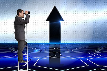 simsearch:400-07258010,k - Composite image of businessman standing on ladder holding binoculars Foto de stock - Royalty-Free Super Valor e Assinatura, Número: 400-07227906