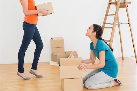 Two friends moving together in a new house and unwrapping boxes Stock Photo - Budget Royalty-Free & Subscription, Code: 400-07229367