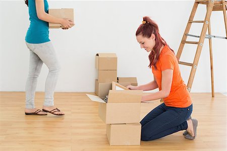 Two friends moving together in a new house and unwrapping boxes Stock Photo - Budget Royalty-Free & Subscription, Code: 400-07229368