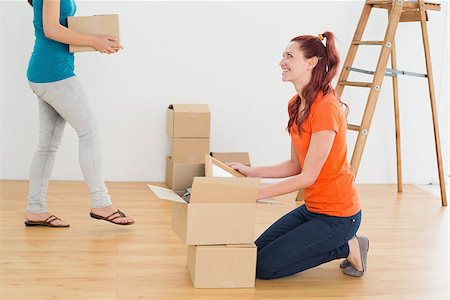 Two friends moving together in a new house and unwrapping boxes Stock Photo - Budget Royalty-Free & Subscription, Code: 400-07229369