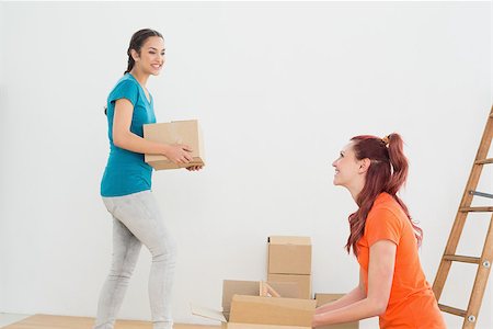 Two friends moving together in a new house and unwrapping boxes Stock Photo - Budget Royalty-Free & Subscription, Code: 400-07229370