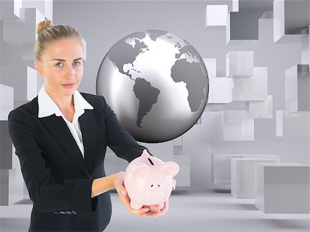 simsearch:400-07258232,k - Composite image of blonde businesswoman holding piggy bank Foto de stock - Super Valor sin royalties y Suscripción, Código: 400-07220147