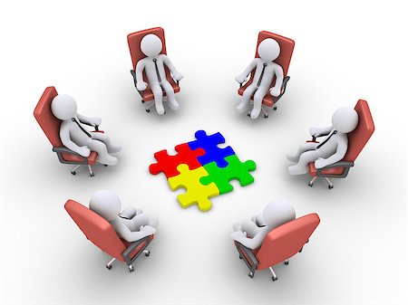 3d businessmen sitting on armchairs and four puzzle pieces in the middle Stock Photo - Budget Royalty-Free & Subscription, Code: 400-07220886