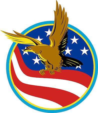 simsearch:400-06891855,k - Illustration of a bald eagle flying with american USA stars stripes flag set inside circle on isolated background done in retro style. Fotografie stock - Microstock e Abbonamento, Codice: 400-07221034