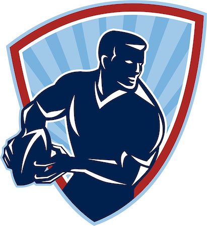 simsearch:400-07524689,k - Illustration of a rugby player running about to pass the ball done in retro style set inside shield. Photographie de stock - Aubaine LD & Abonnement, Code: 400-07221046