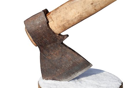 Axe and log with snow isolated on white background. Close-up view. Stock Photo - Budget Royalty-Free & Subscription, Code: 400-07221338