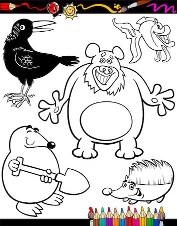 simsearch:400-07632697,k - Coloring Book or Page Cartoon Illustration Set of Black and White Animals Mascot Characters for Children Stockbilder - Microstock & Abonnement, Bildnummer: 400-07221823
