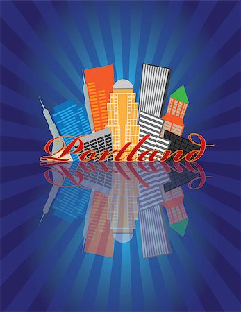 simsearch:400-06170841,k - Portland Oregon Abstract Downtown City Skyline with Blue Sunray Background and Reflection Illustration Photographie de stock - Aubaine LD & Abonnement, Code: 400-07221997