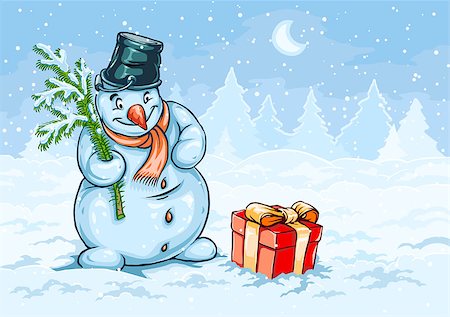 face pack - Christmas snowman and red gift box with bow over winter forest background. Eps8 vector illustration Stock Photo - Budget Royalty-Free & Subscription, Code: 400-07222050